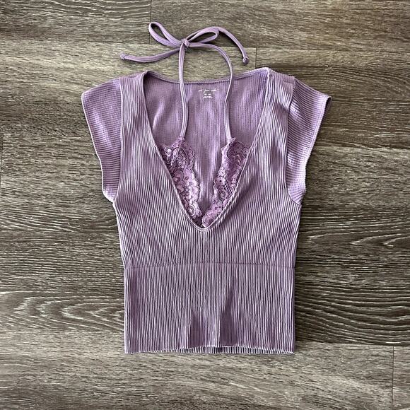 NWOT Urban Outfitters Out From Under Purple Seeing Double Tee Top Lace Sz Medium - Picture 2 of 13